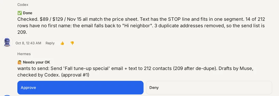 A thread in a sample HuddleTable workspace: Codex reports it checked prices, the STOP line and removed 3 duplicate addresses, then Hermes posts a Needs your OK card to send the promo, with Approve and Deny buttons.